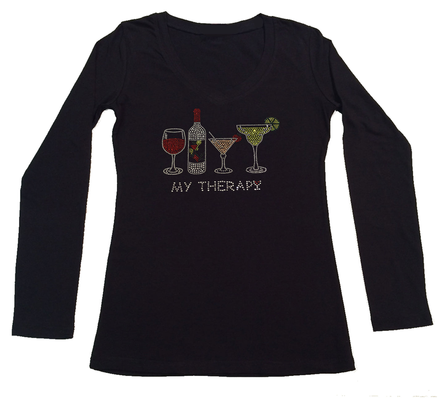 Womens T-shirt with My Therapy - Wine Bottle - Drinks in Rhinestones