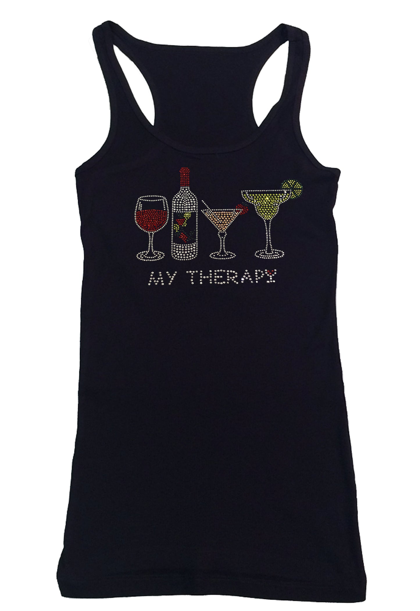 Womens T-shirt with My Therapy - Wine Bottle - Drinks in Rhinestones