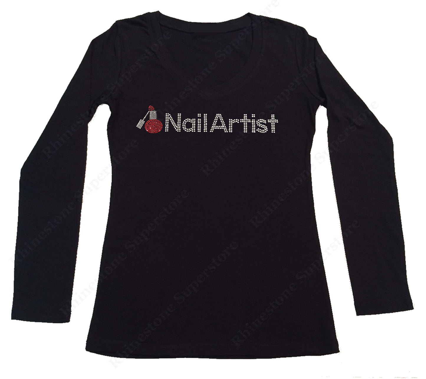 Womens T-shirt with Nail Artist with Nail Polish Bottle in Rhinestones