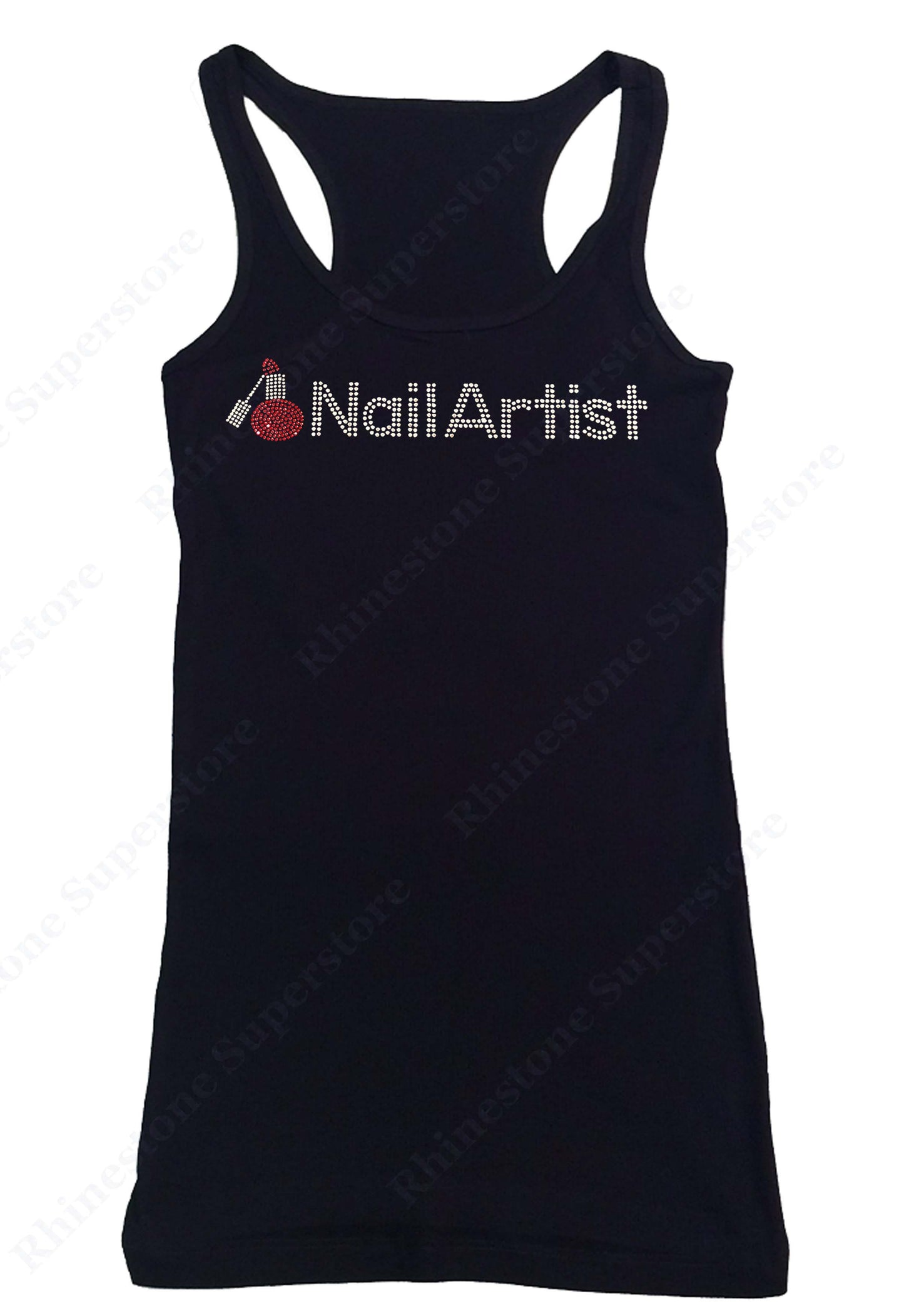 Womens T-shirt with Nail Artist with Nail Polish Bottle in Rhinestones