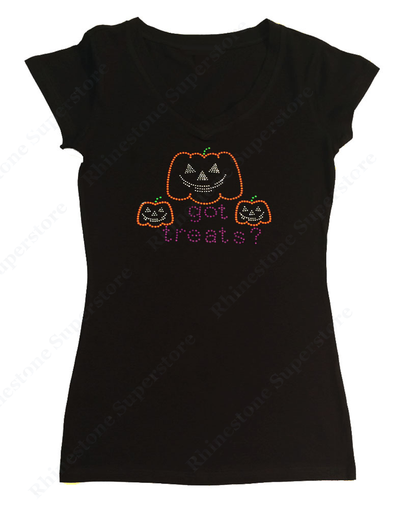 Womens T-shirt with Neon Pumkins Got Treats in Rhinestuds