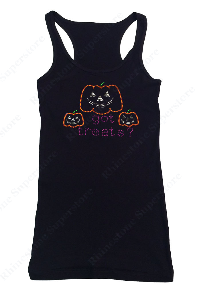 Womens T-shirt with Neon Pumkins Got Treats in Rhinestuds