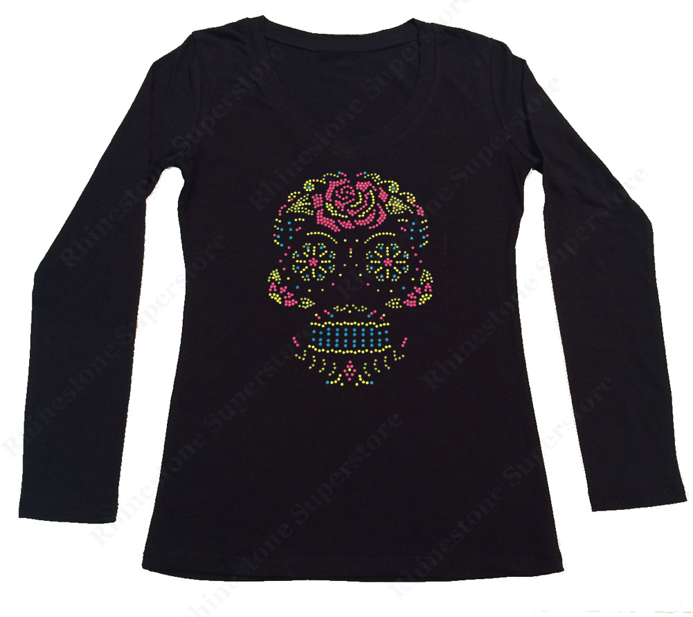 Womens T-shirt with Neon Sugar Skull with Black Outline in Rhinestuds