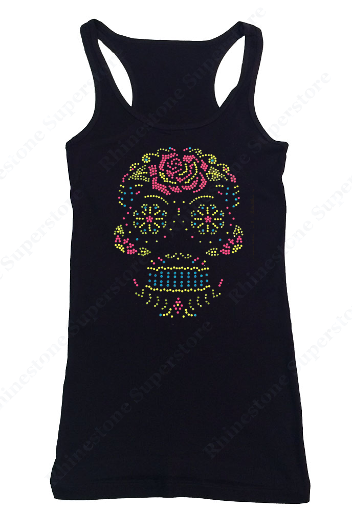 Womens T-shirt with Neon Sugar Skull with Black Outline in Rhinestuds