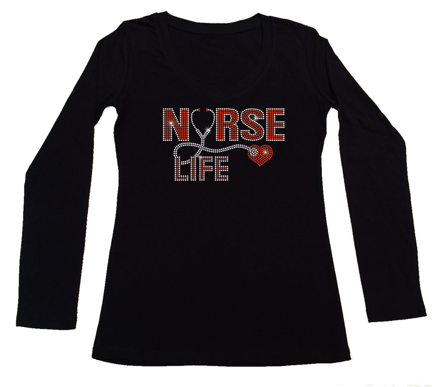 Women's Rhinestone Fitted Tight Snug Shirt " Nurse Life w/ Stethoscope & Heart " in S, M, L, 1X, 2X, 3X