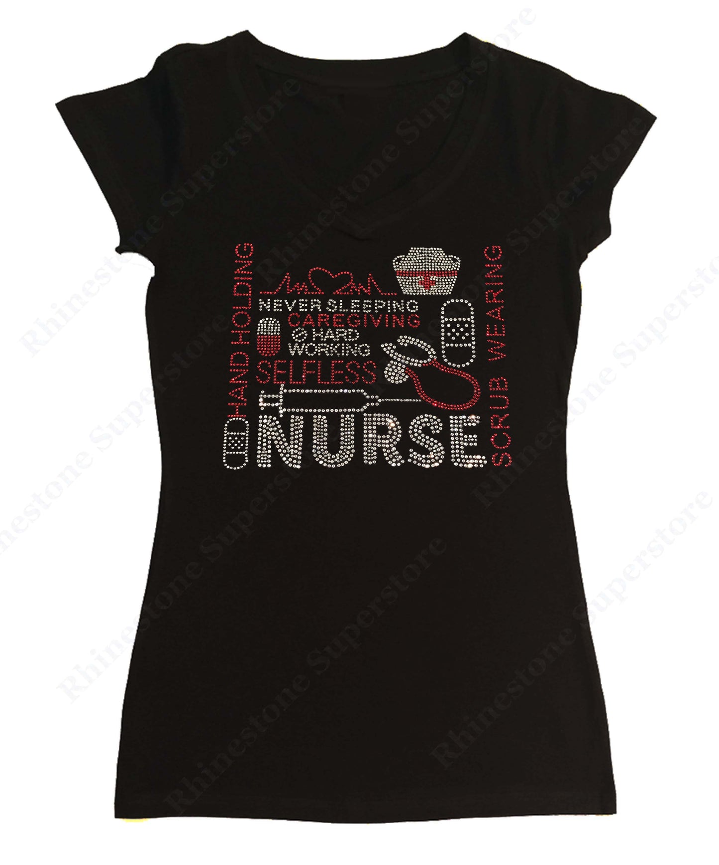 Womens T-shirt with Nurse in Rhinestones