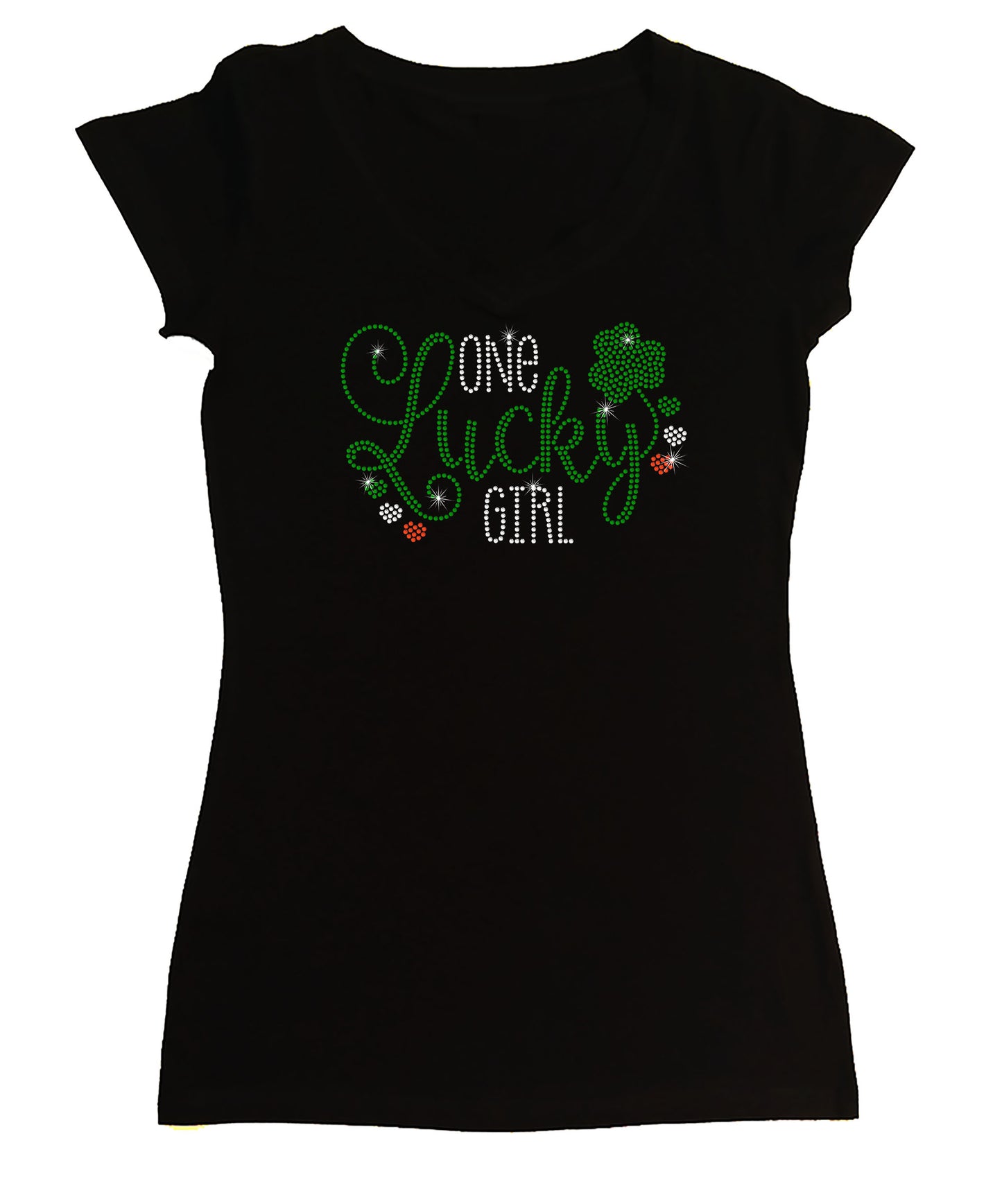 Women's Rhinestone Fitted Tight Snug Shirt One Lucky Girl with Clover - St. Patrick's Day Shirt