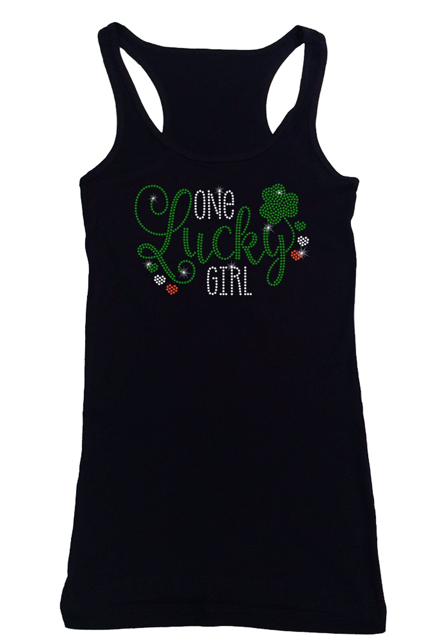 Women's Rhinestone Fitted Tight Snug Shirt One Lucky Girl with Clover - St. Patrick's Day Shirt