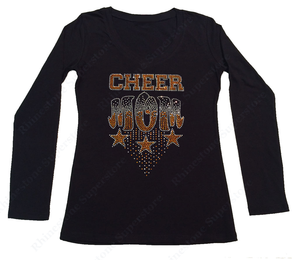 Womens T-shirt with Orange Cheer Mom with Stars in Rhinestones