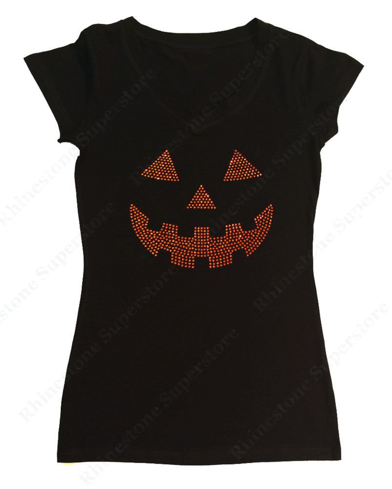 Womens T-shirt with Orange Jack O' Lantern in Rhinestones