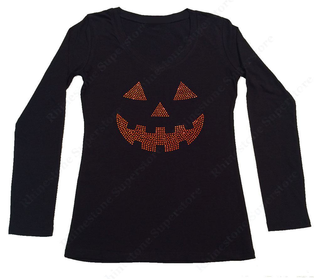 Womens T-shirt with Orange Jack O' Lantern in Rhinestones