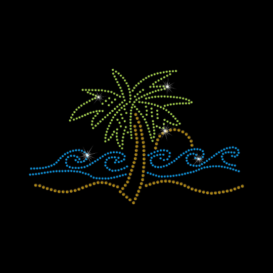 Rhinestone Transfer " Palm Tree and Waves " Iron-On, Hotfix, Bling Design, DIY
