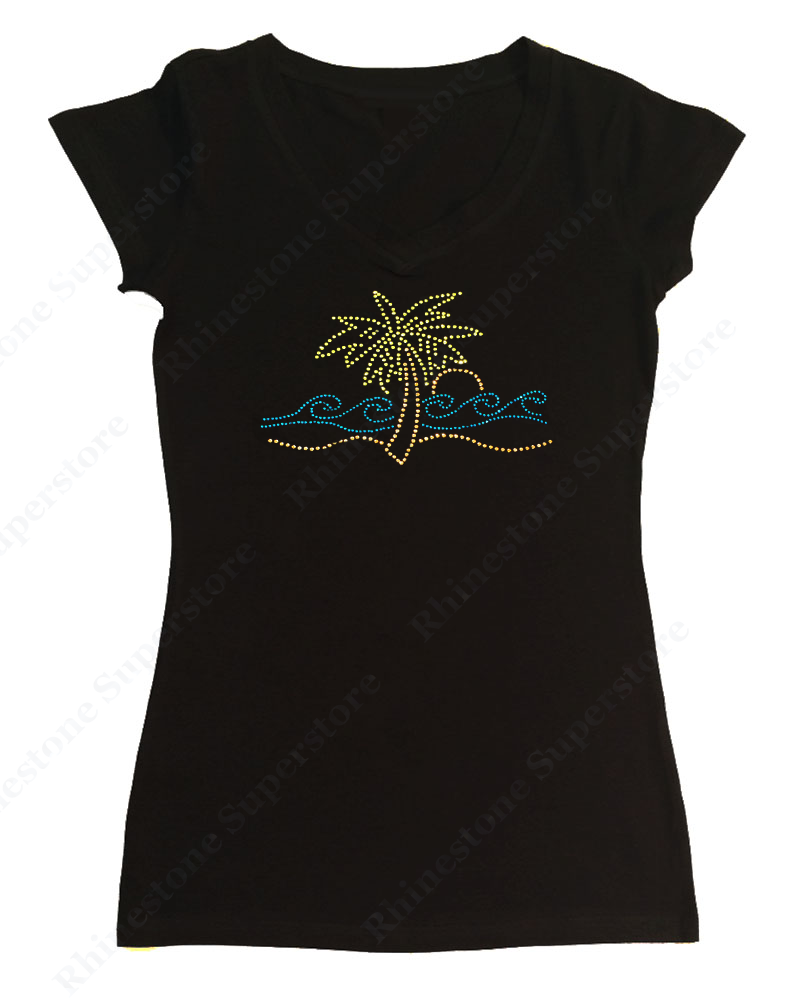 Womens T-shirt with Palm Tree and Surf in Rhinestones