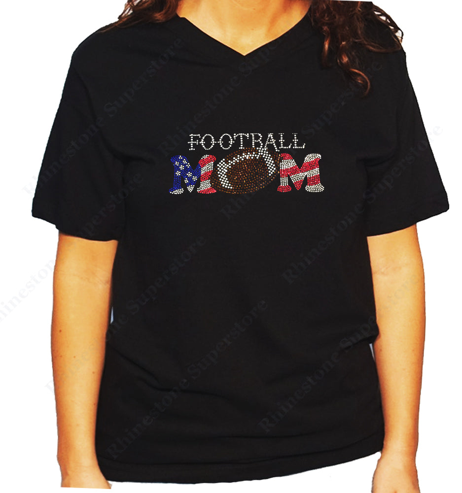 Women's / Unisex T-Shirt with Patriotic Football Mom in Rhinestones