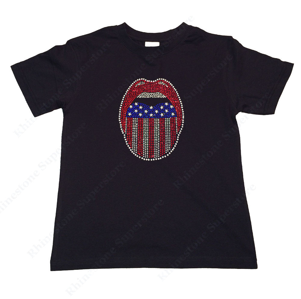 Girls Rhinestone T-Shirt " Patriotic Lips 4th of July " Kids Size 3 to 14 Available