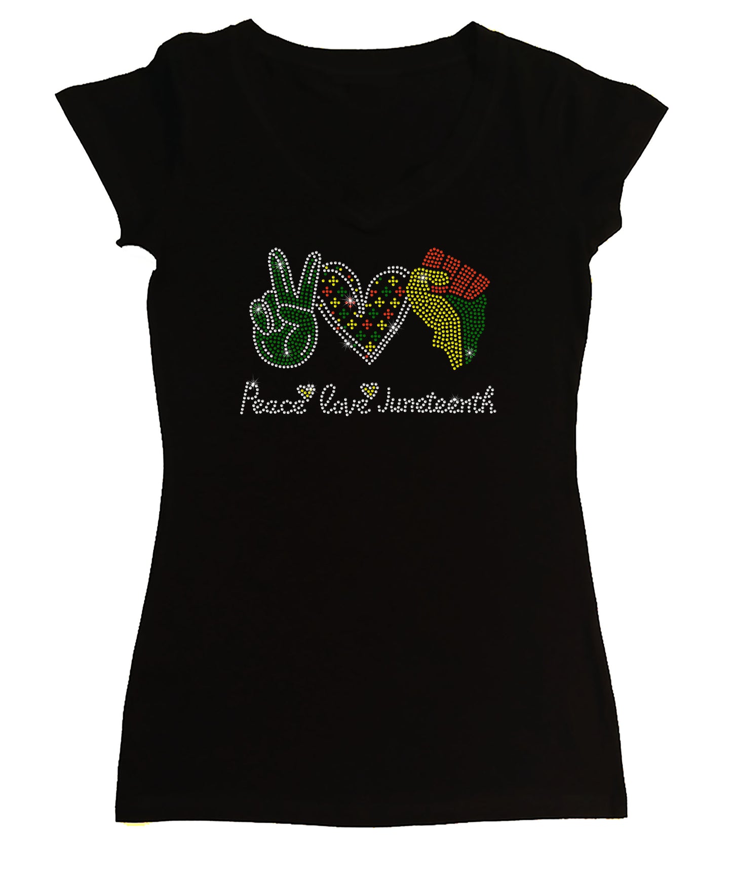 Women's Rhinestone Fitted Tight Snug Peace Love Juneteenth - Peace Sign, Heart, Fist, Juneteenth Shirt
