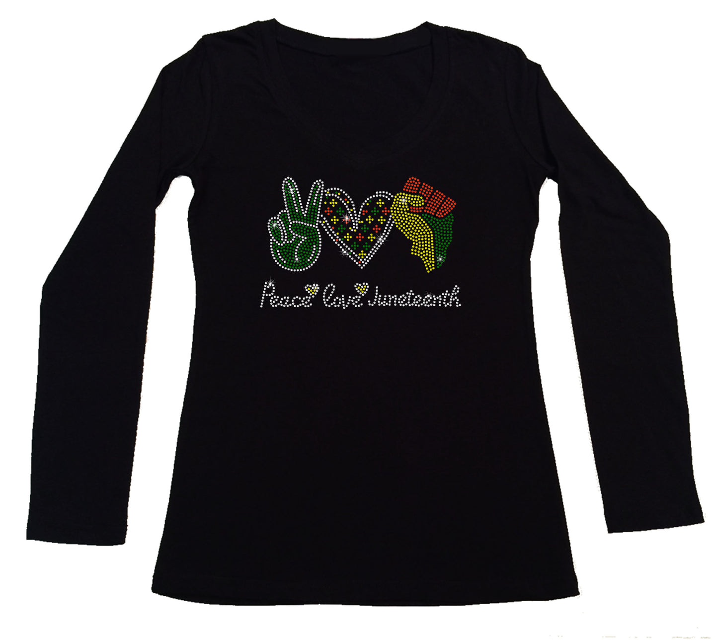 Women's Rhinestone Fitted Tight Snug Peace Love Juneteenth - Peace Sign, Heart, Fist, Juneteenth Shirt