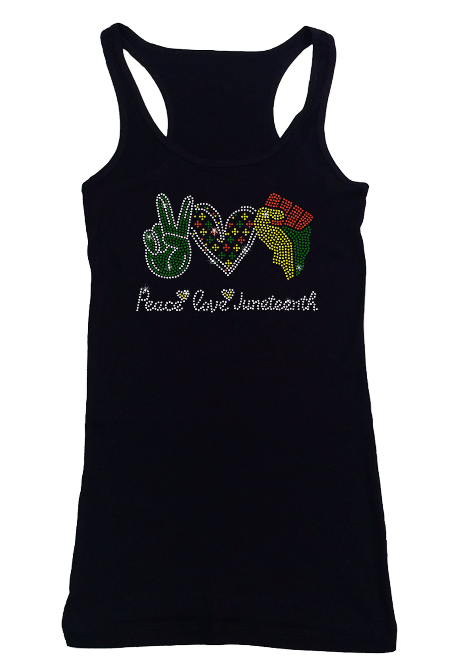Women's Rhinestone Fitted Tight Snug Peace Love Juneteenth - Peace Sign, Heart, Fist, Juneteenth Shirt