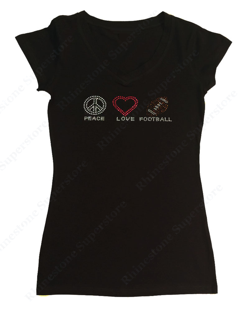 Womens T-shirt with Peace Love Football in Rhinestones