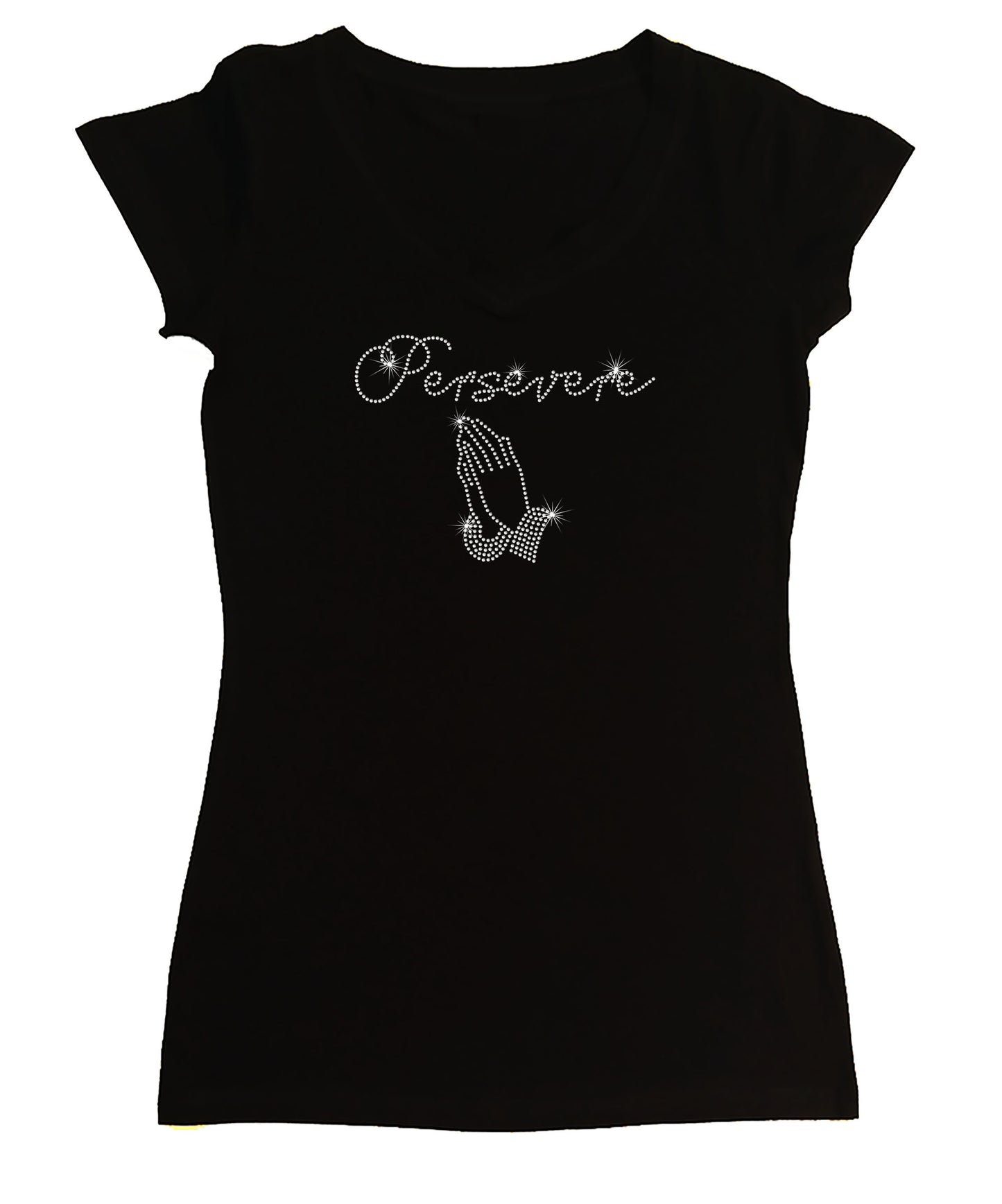 Women's Rhinestone Fitted Tight Snug Shirt Persevere with Praying Hands - Rhinestone Shirt, Jesus Bling