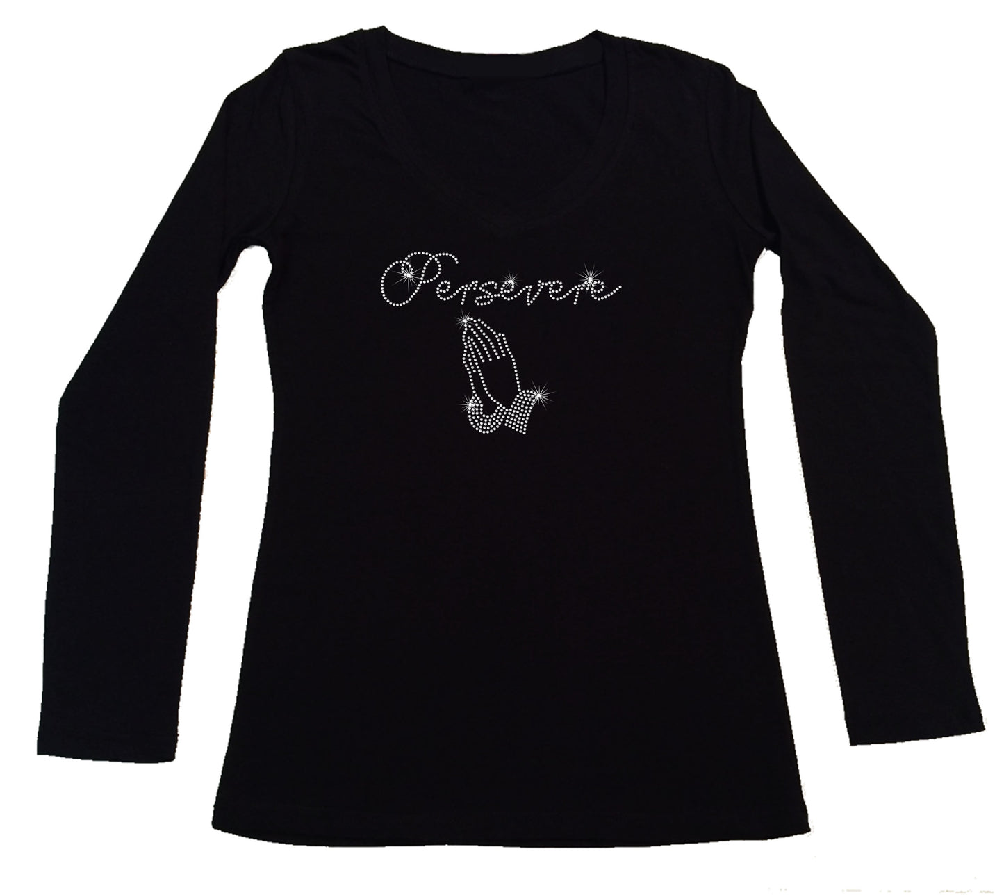 Women's Rhinestone Fitted Tight Snug Shirt Persevere with Praying Hands - Rhinestone Shirt, Jesus Bling