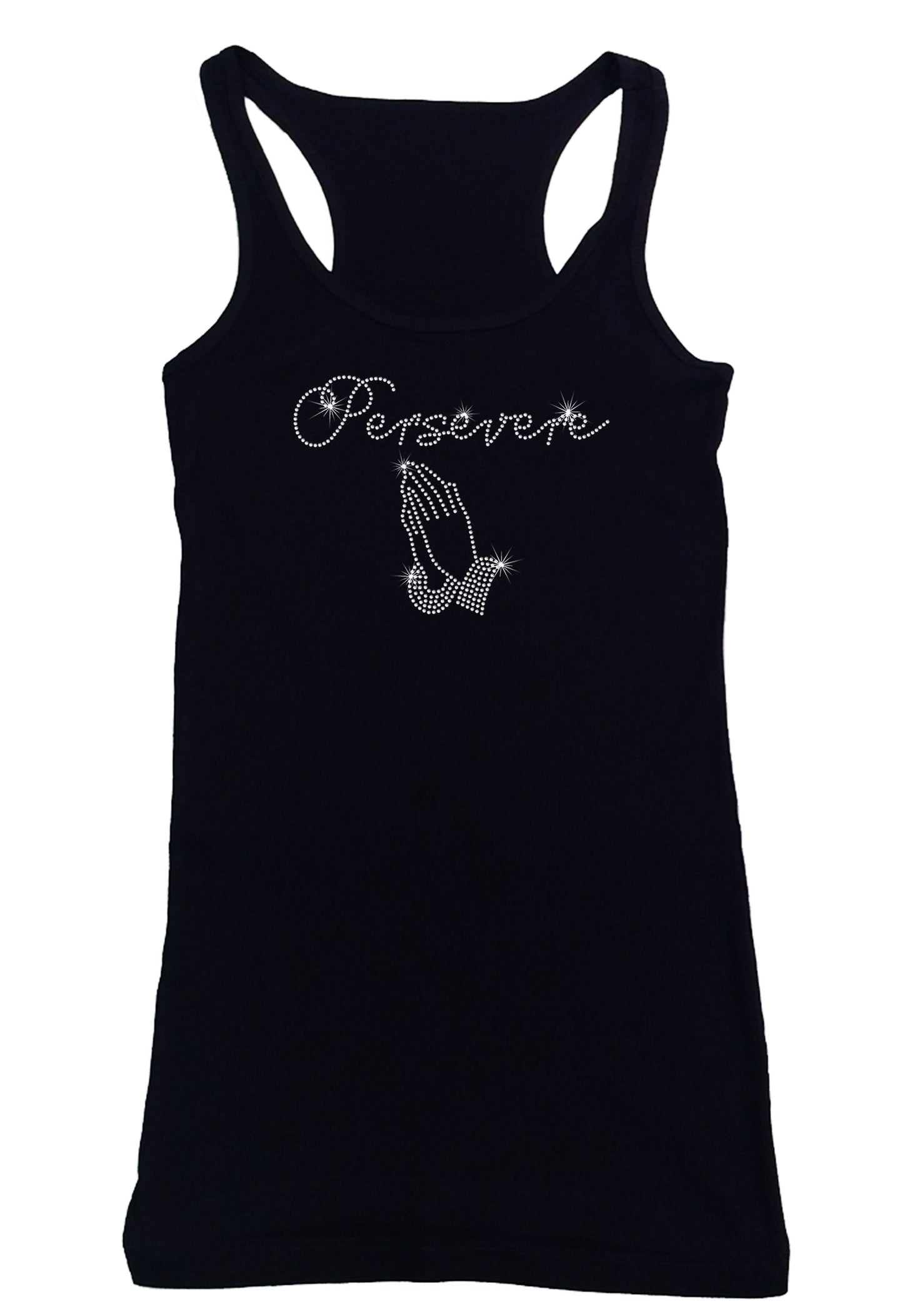 Women's Rhinestone Fitted Tight Snug Shirt Persevere with Praying Hands - Rhinestone Shirt, Jesus Bling