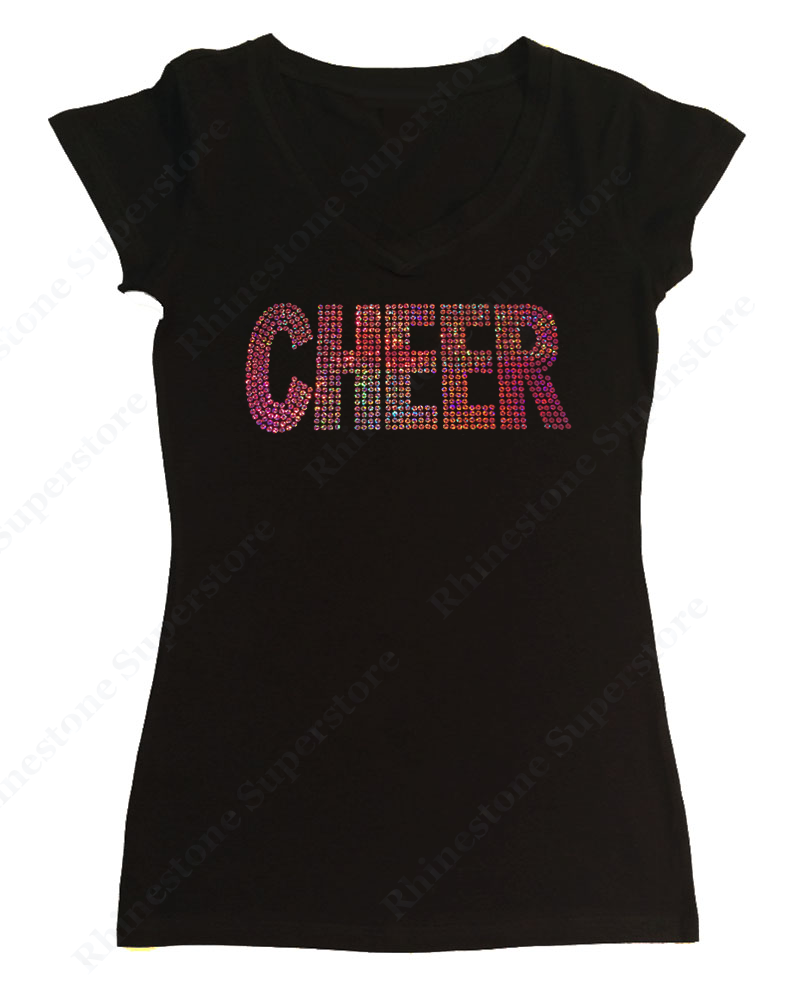 Womens T-shirt with Cheer in Pink AB Sequence