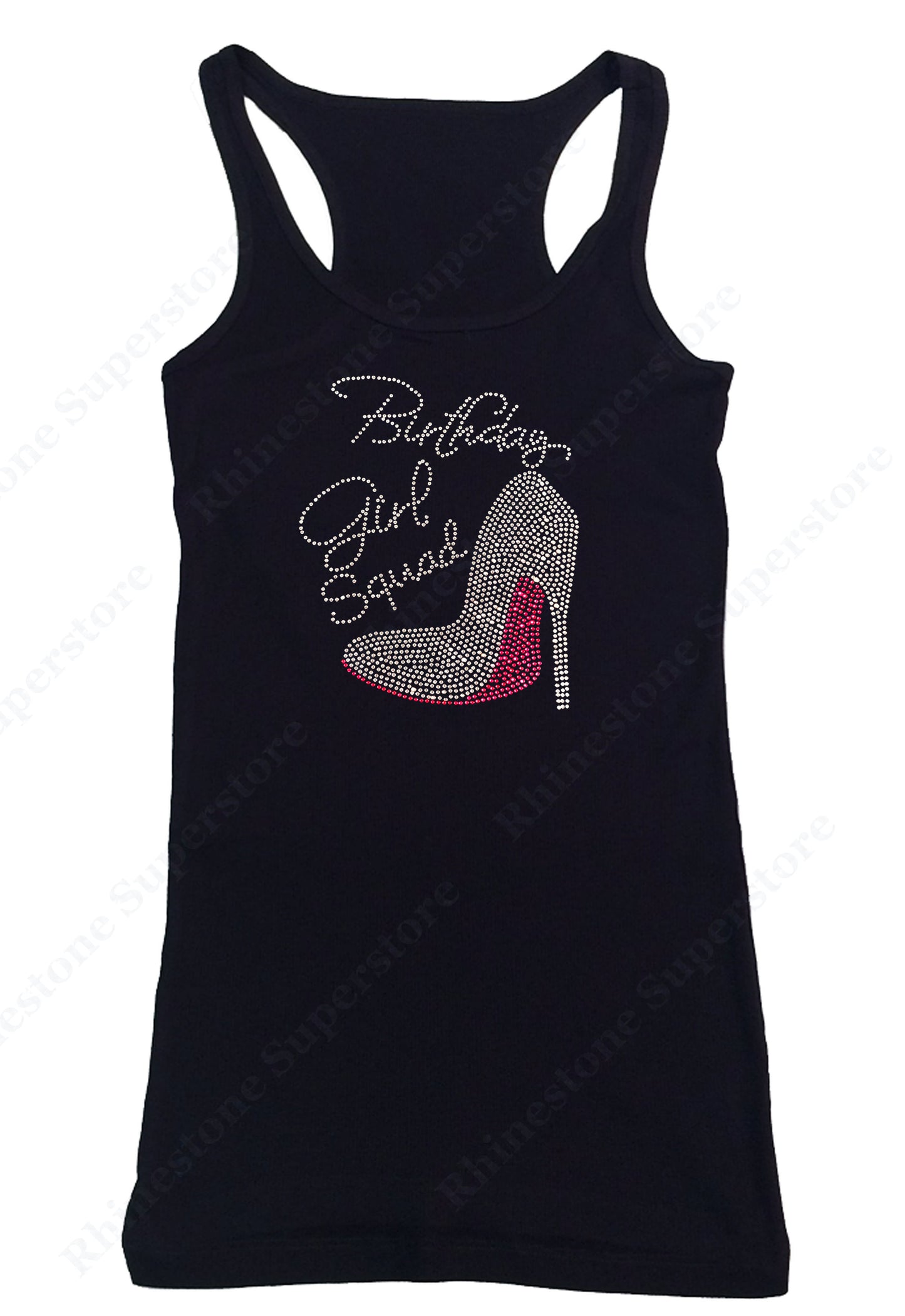 Womens T-shirt with Pink Birthday Girl Squad with Heel in Rhinestones