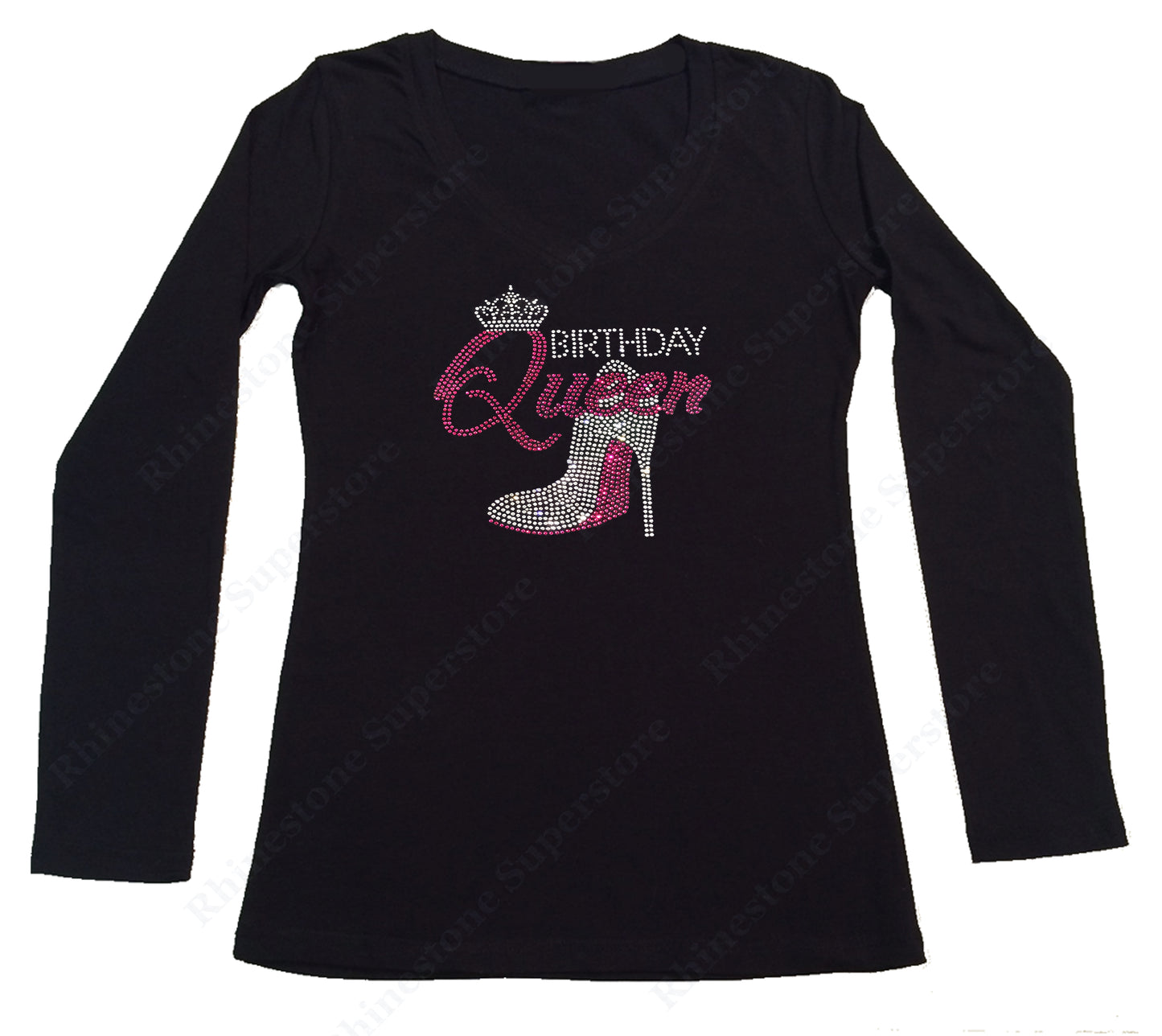 Womens T-shirt with Pink Birthday Queen with Heel in Rhinestones