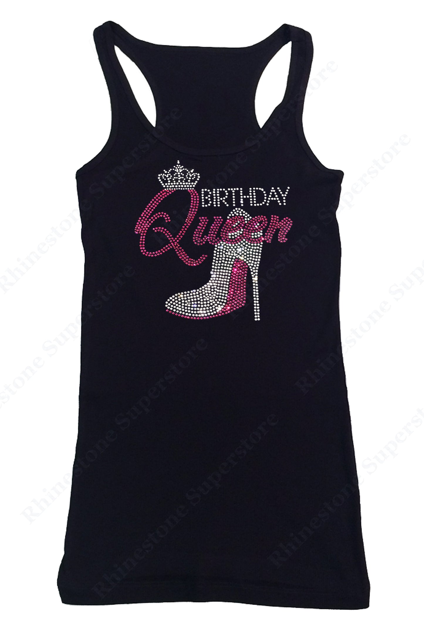 Womens T-shirt with Pink Birthday Queen with Heel in Rhinestones