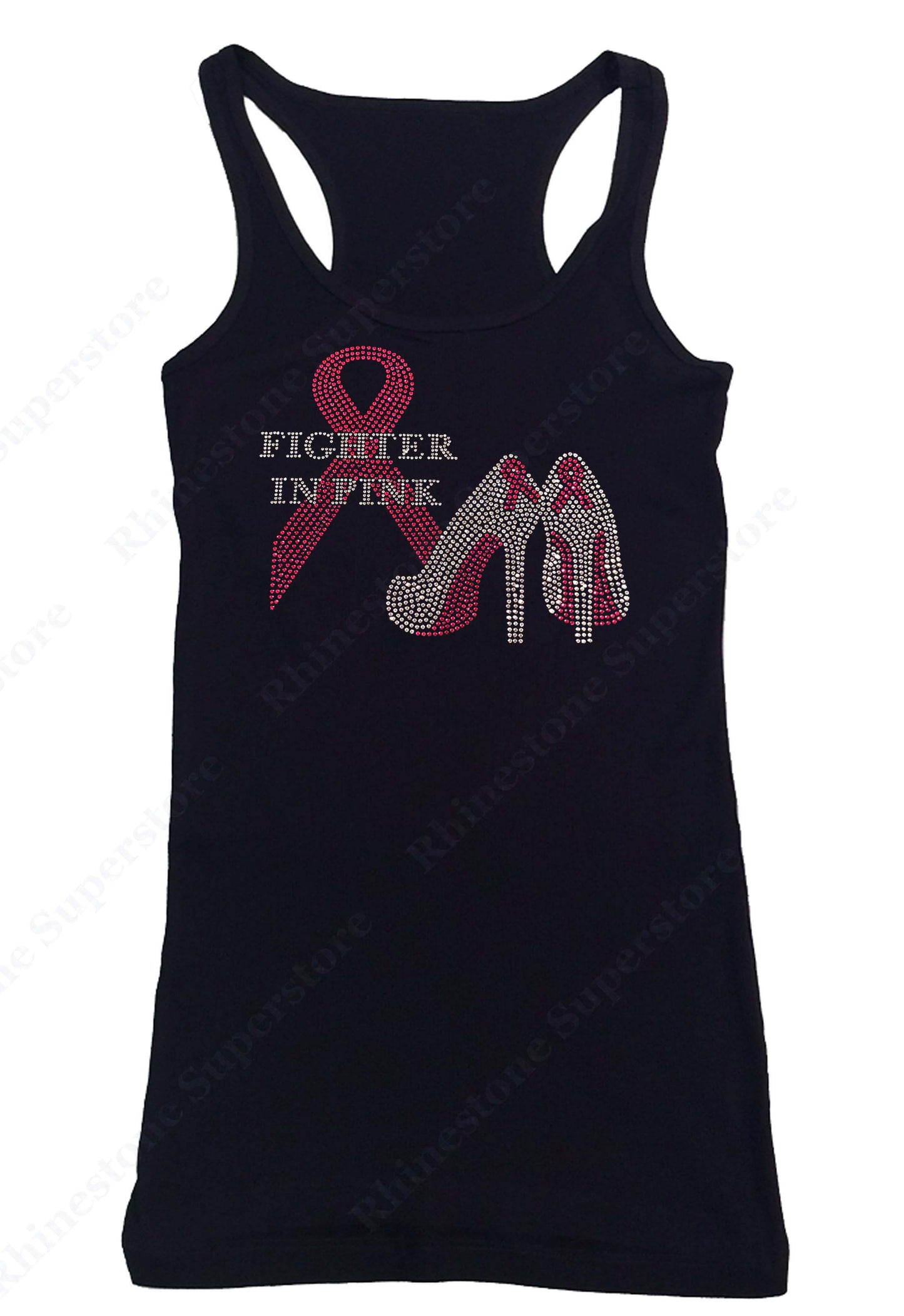 Womens T-shirt with Pink Cancer Ribbon & Heels in Rhinestones
