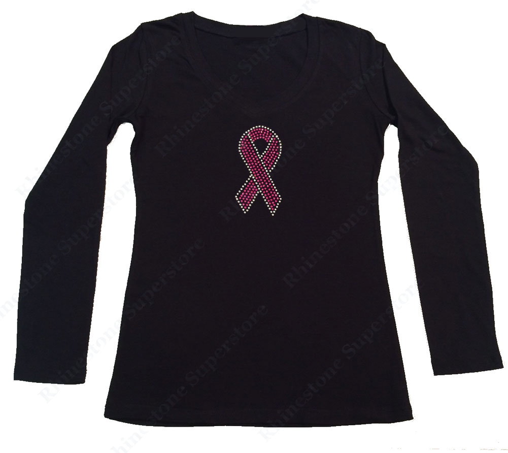 Womens T-shirt with Pink Cancer Ribbon in Rhinestones