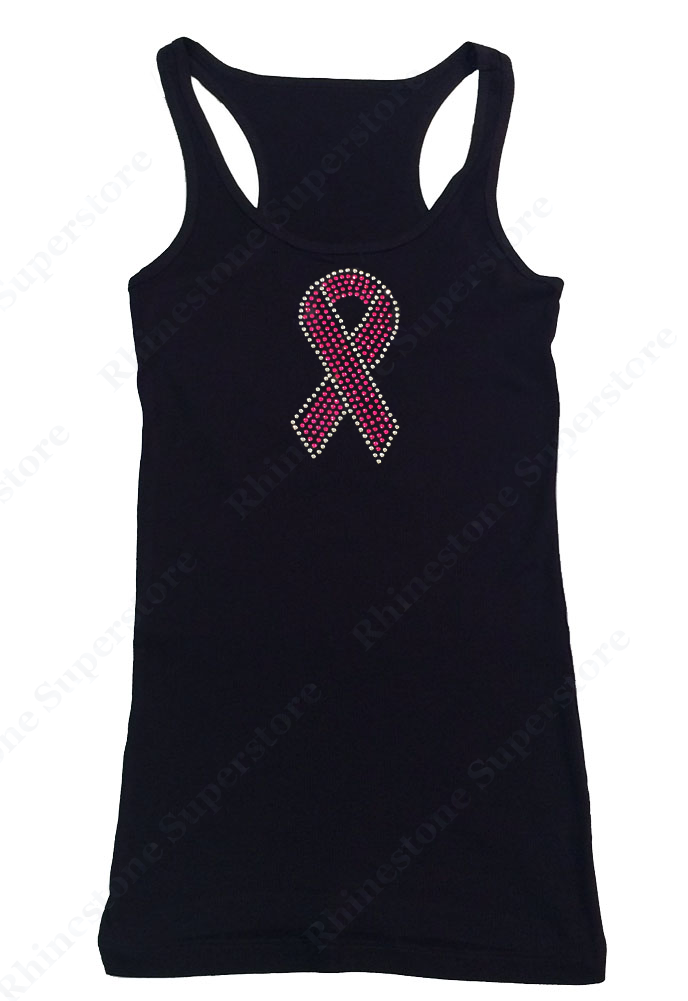Womens T-shirt with Pink Cancer Ribbon in Rhinestones