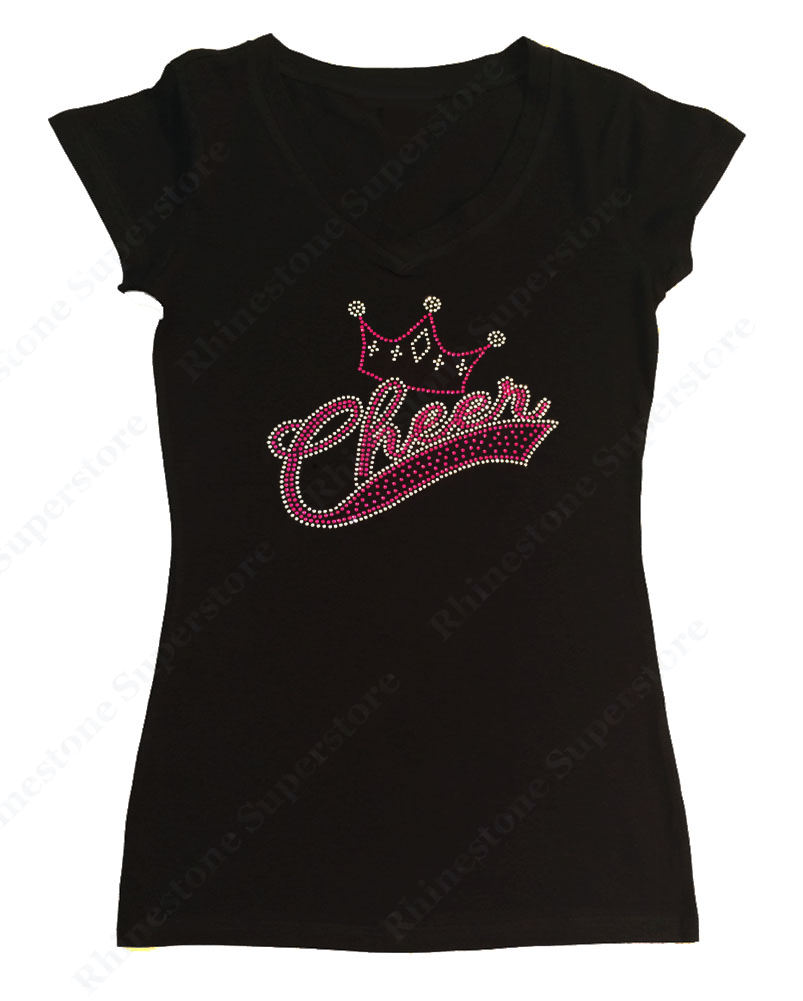 Womens T-shirt with Pink Cheer with Crown in Rhinestones