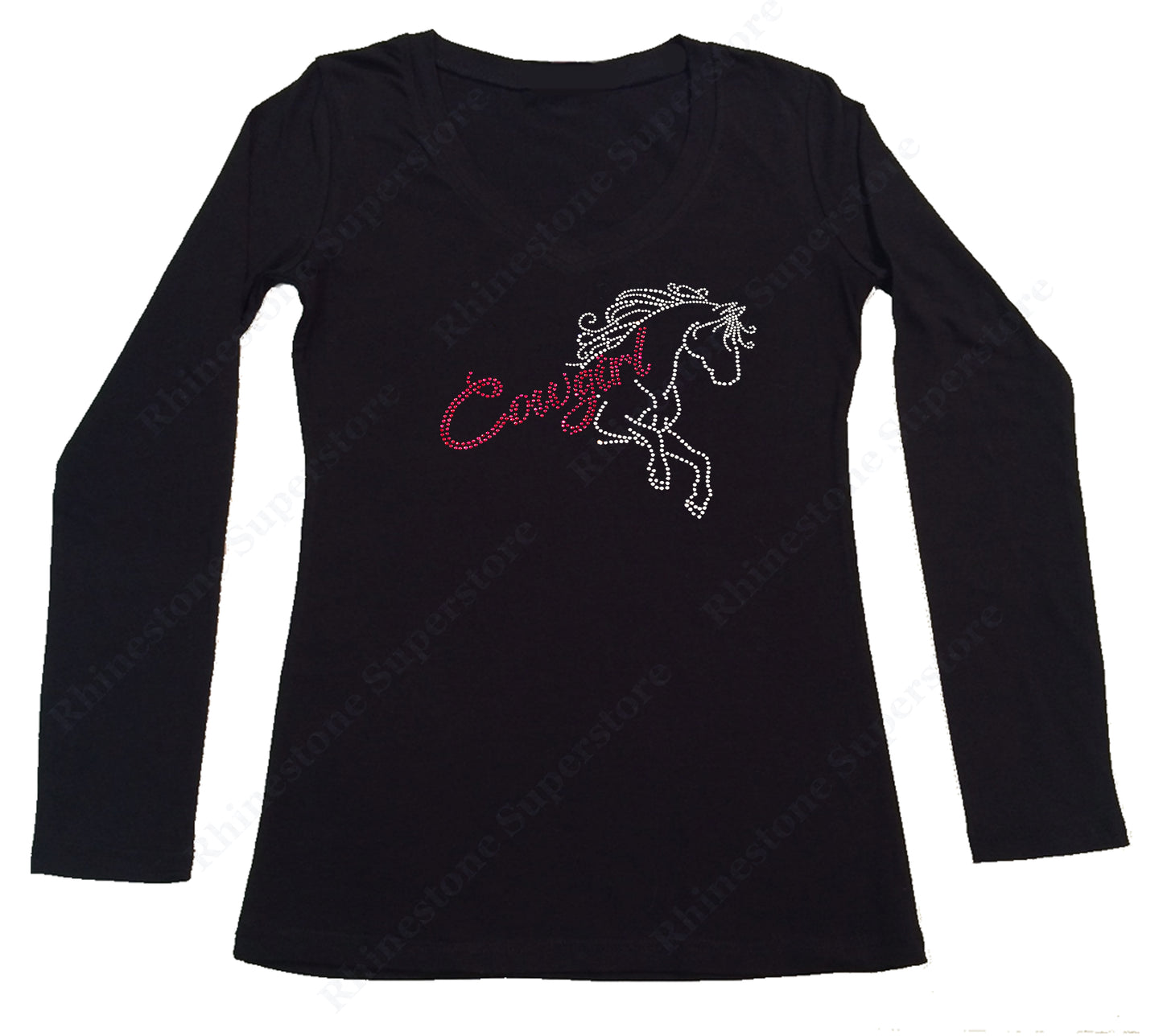 Womens T-shirt with Pink Cowgirl with Horse in Rhinestones