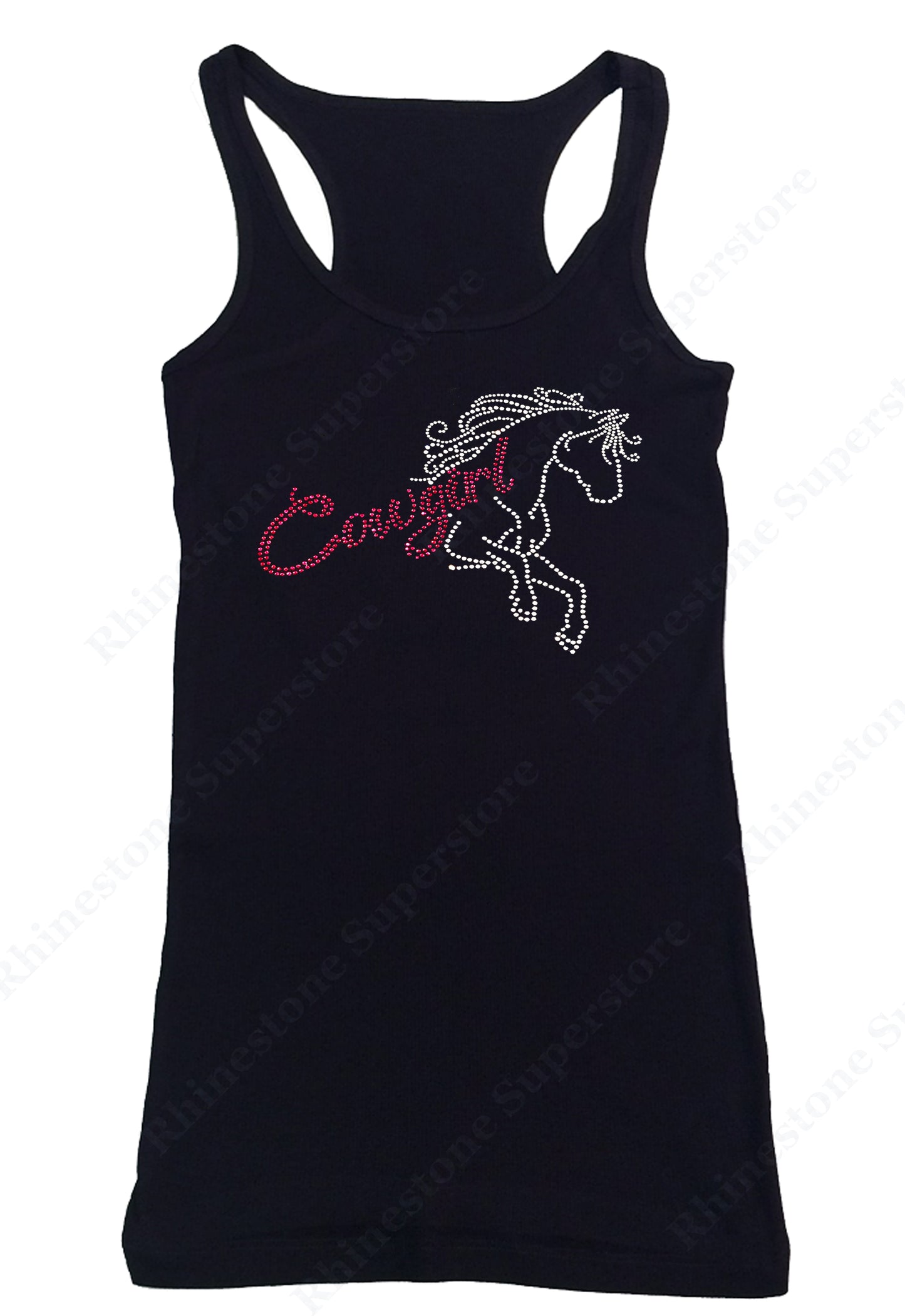 Womens T-shirt with Pink Cowgirl with Horse in Rhinestones