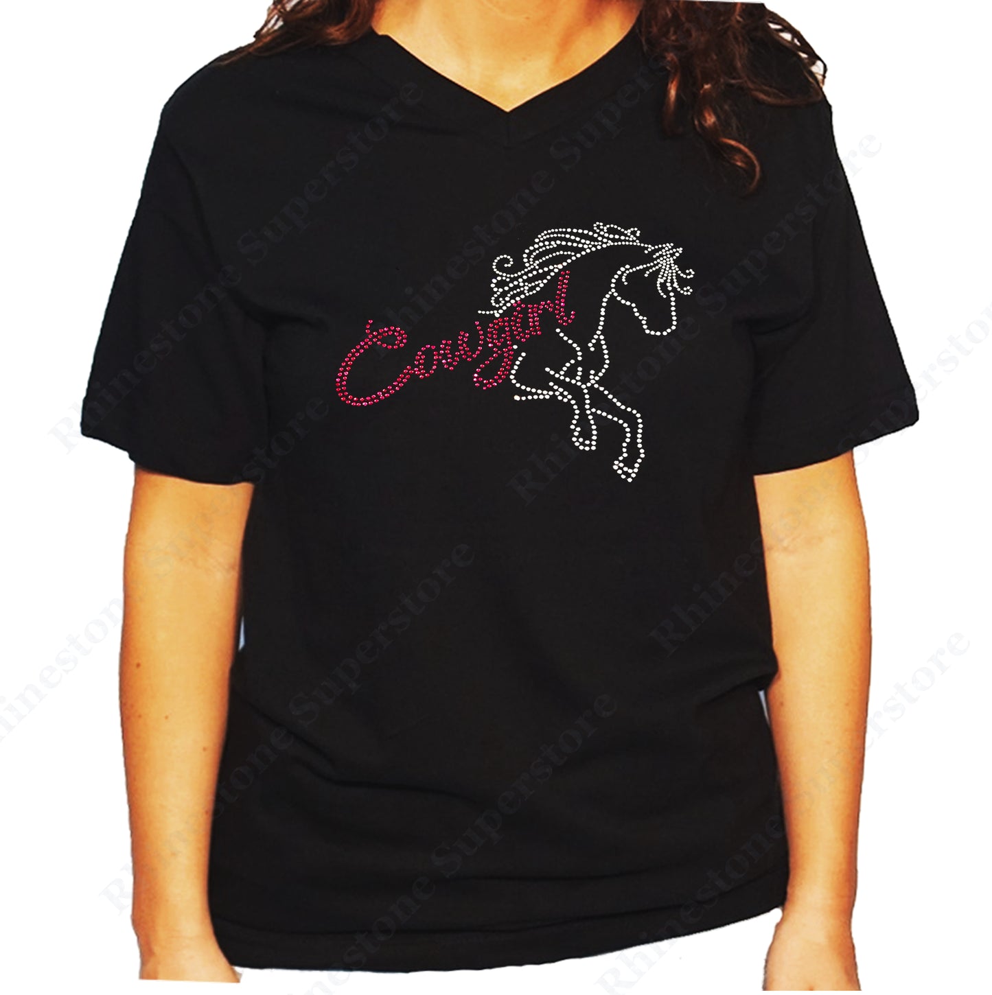Women's / Unisex T-Shirt with Pink Cowgirl with Horse in Rhinestones