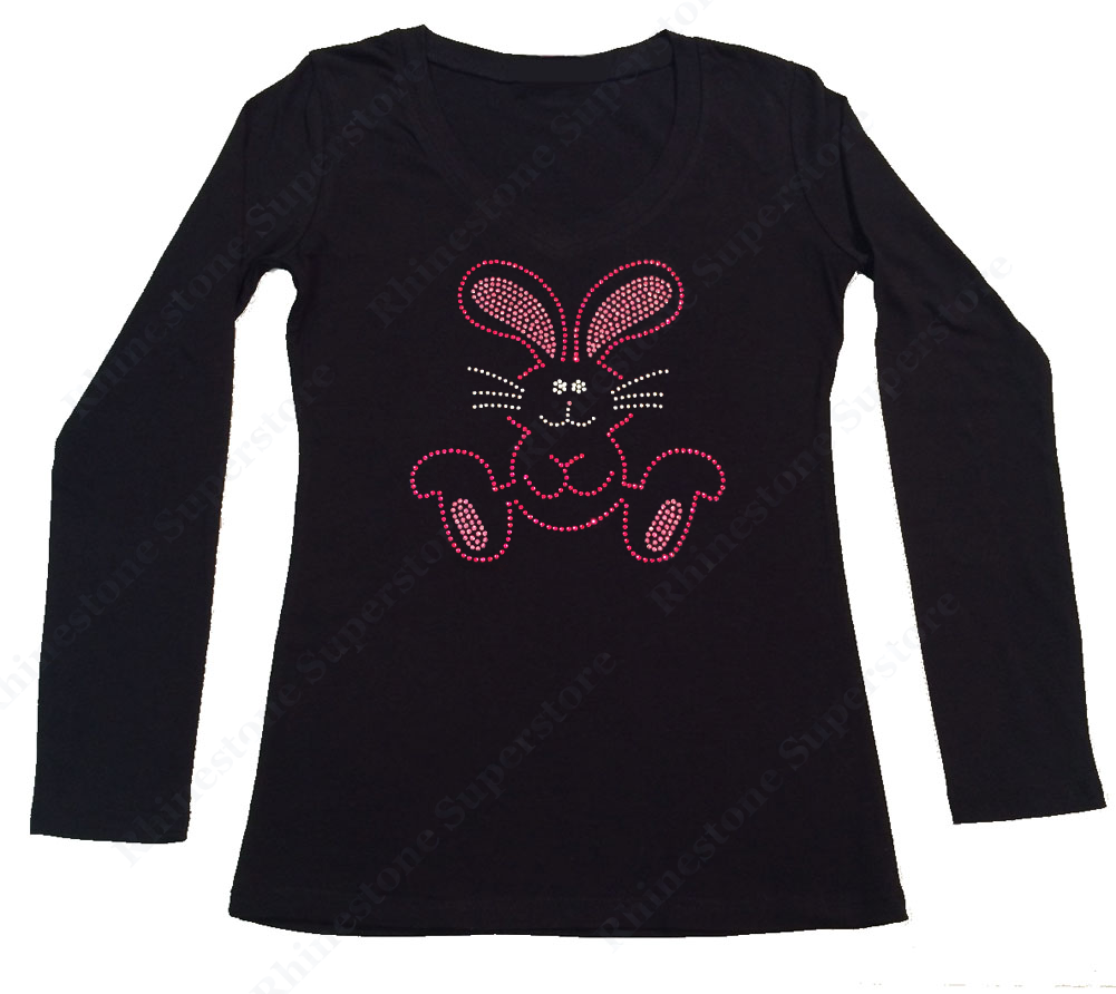 Womens T-shirt with Pink Easter Bunny in Rhinestones