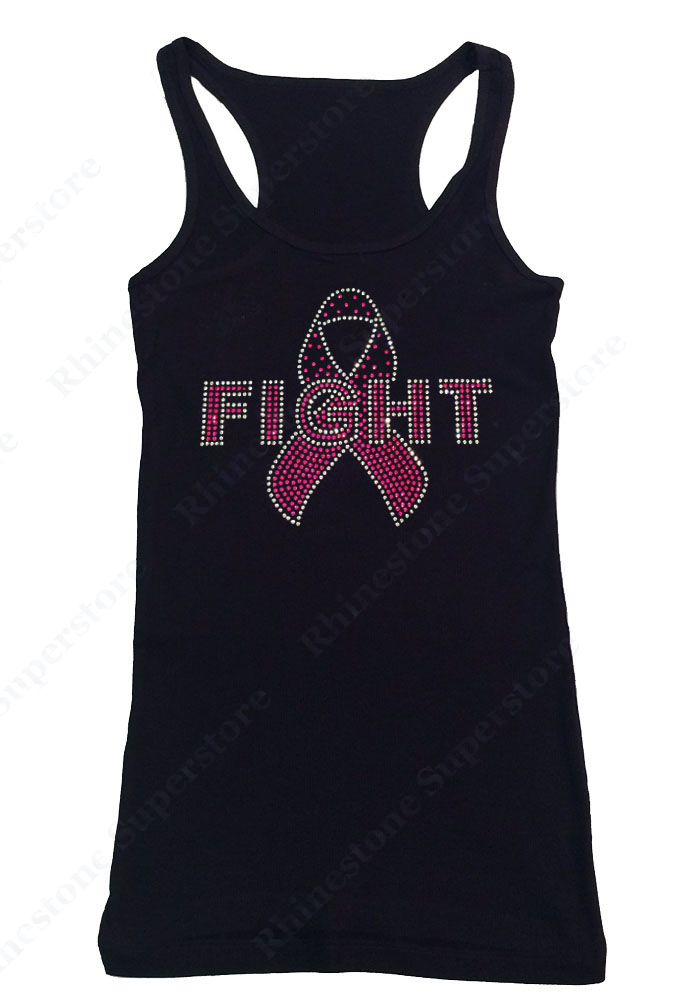Womens T-shirt with Pink Fight Cancer Ribbon in Rhinestones