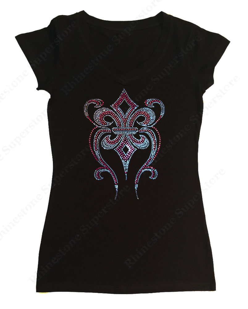 Womens T-shirt with Pink Fleur De Lis in Rhinestones