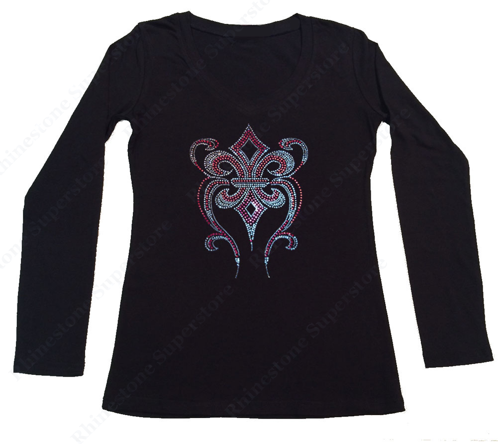 Womens T-shirt with Pink Fleur De Lis in Rhinestones