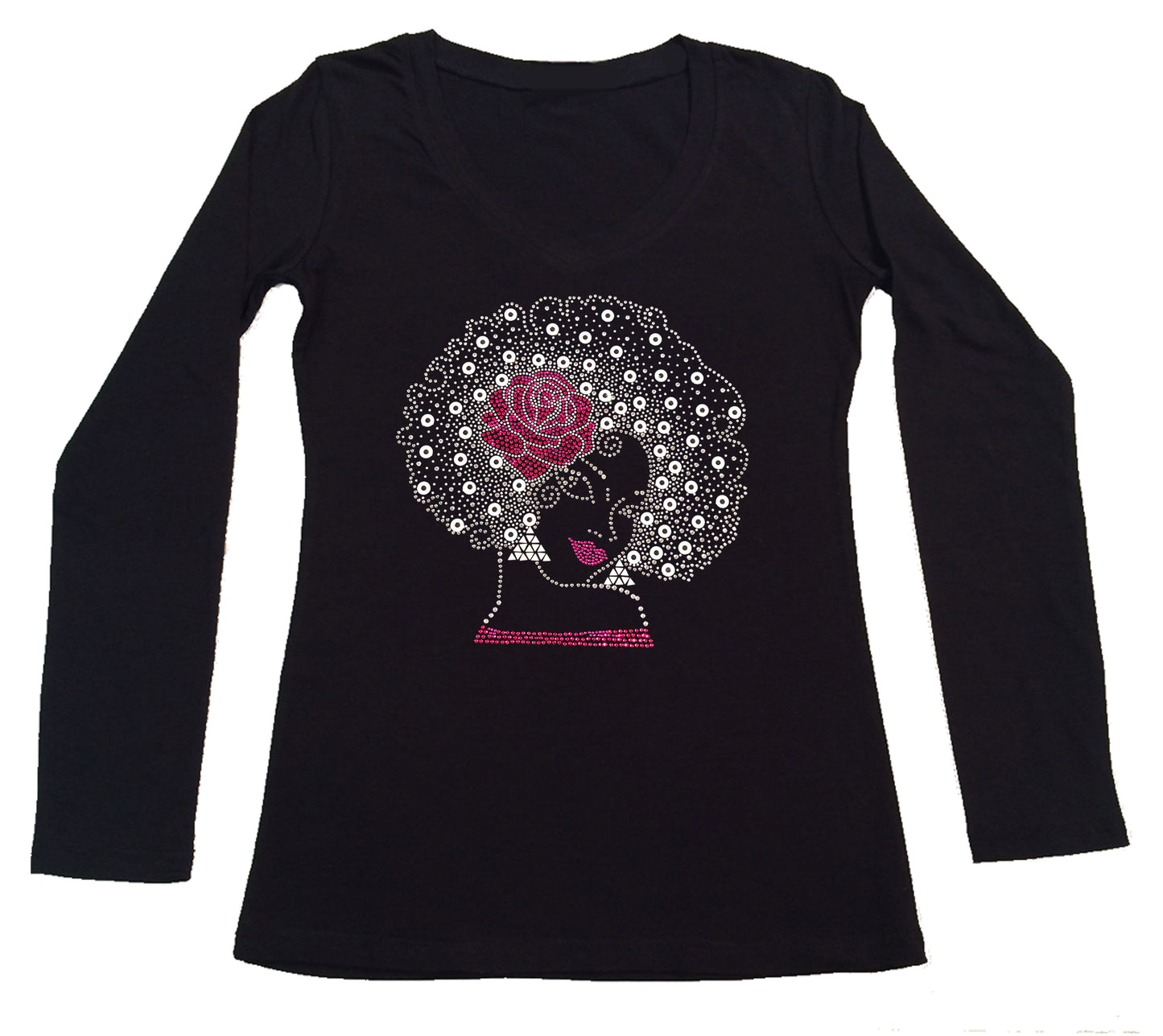 Womens T-shirt with Pink Flower Afro Girl in Rhinestones