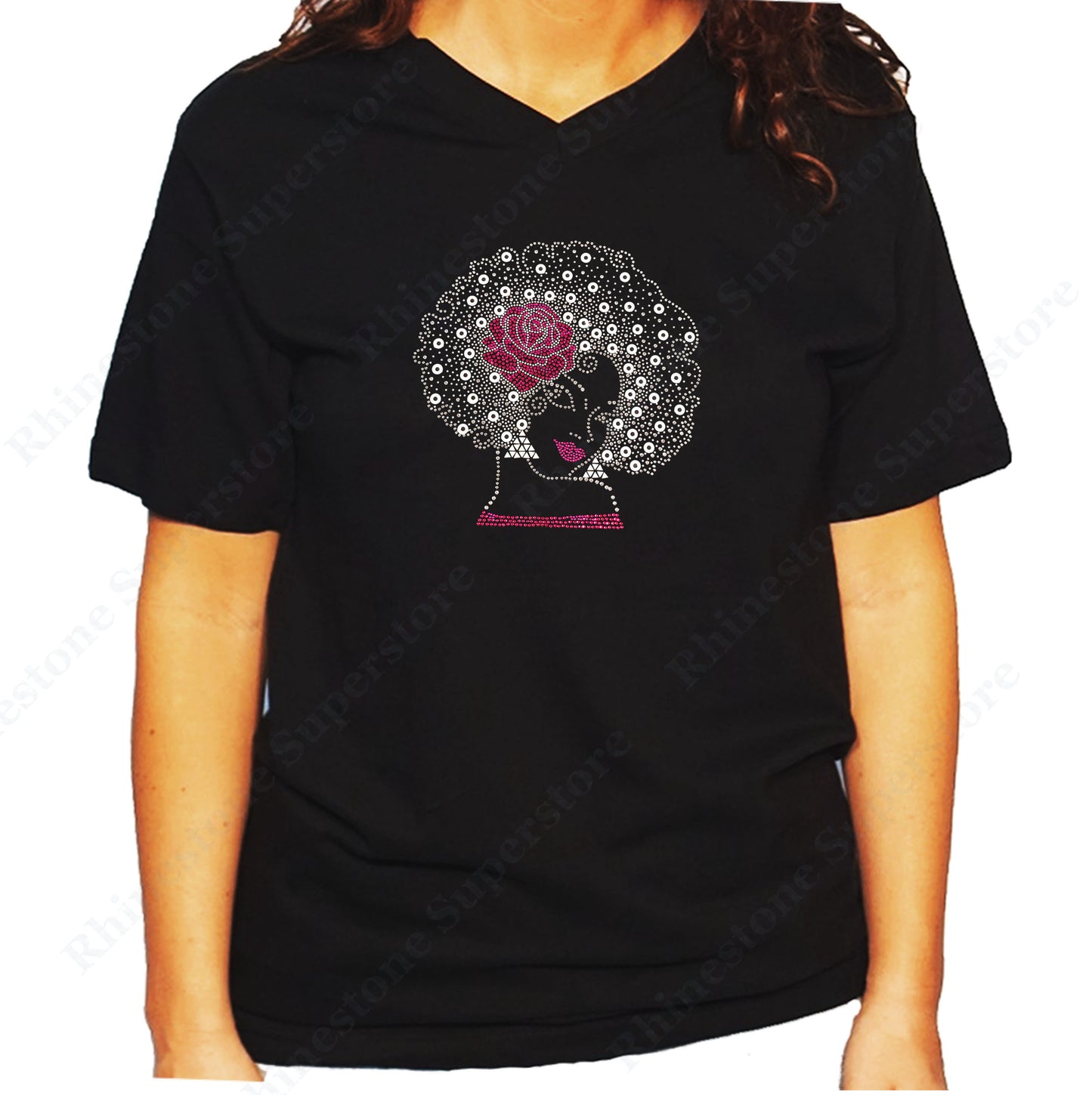 Women's / Unisex T-Shirt with Pink Flower Afro Girl in Rhinestones