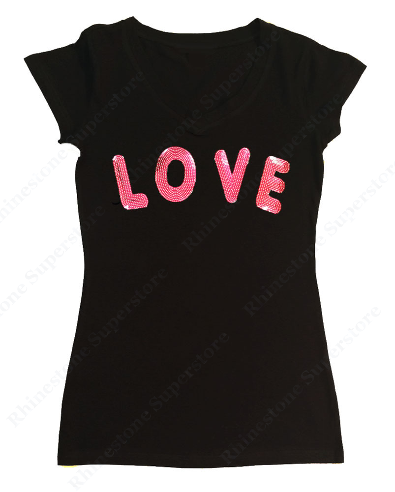 Womens T-shirt with Pink Love in Sequence