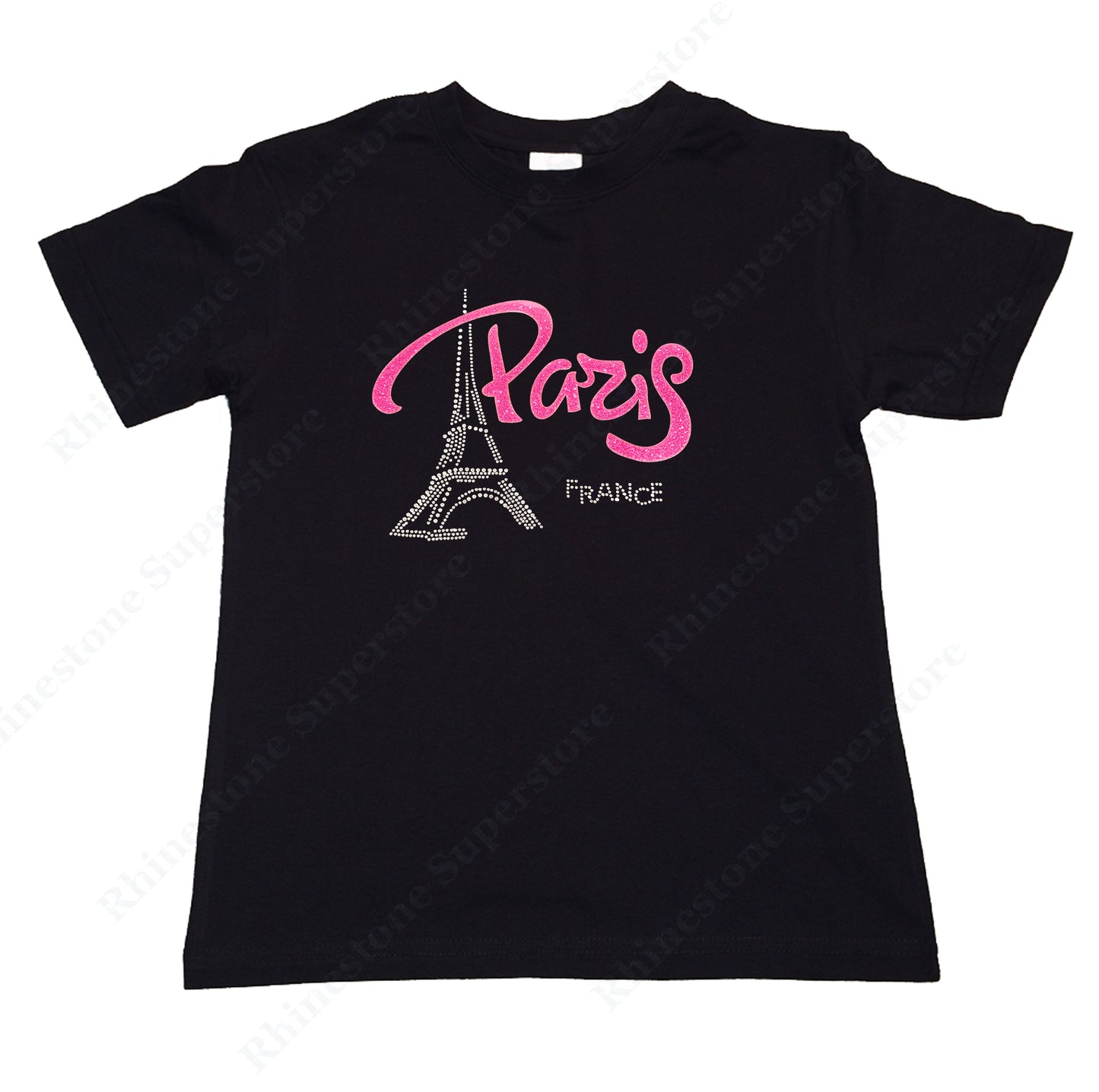 Girls Rhinestone T-Shirt " Pink Paris Eiffel Tower " Kids Size 3 to 14 Available