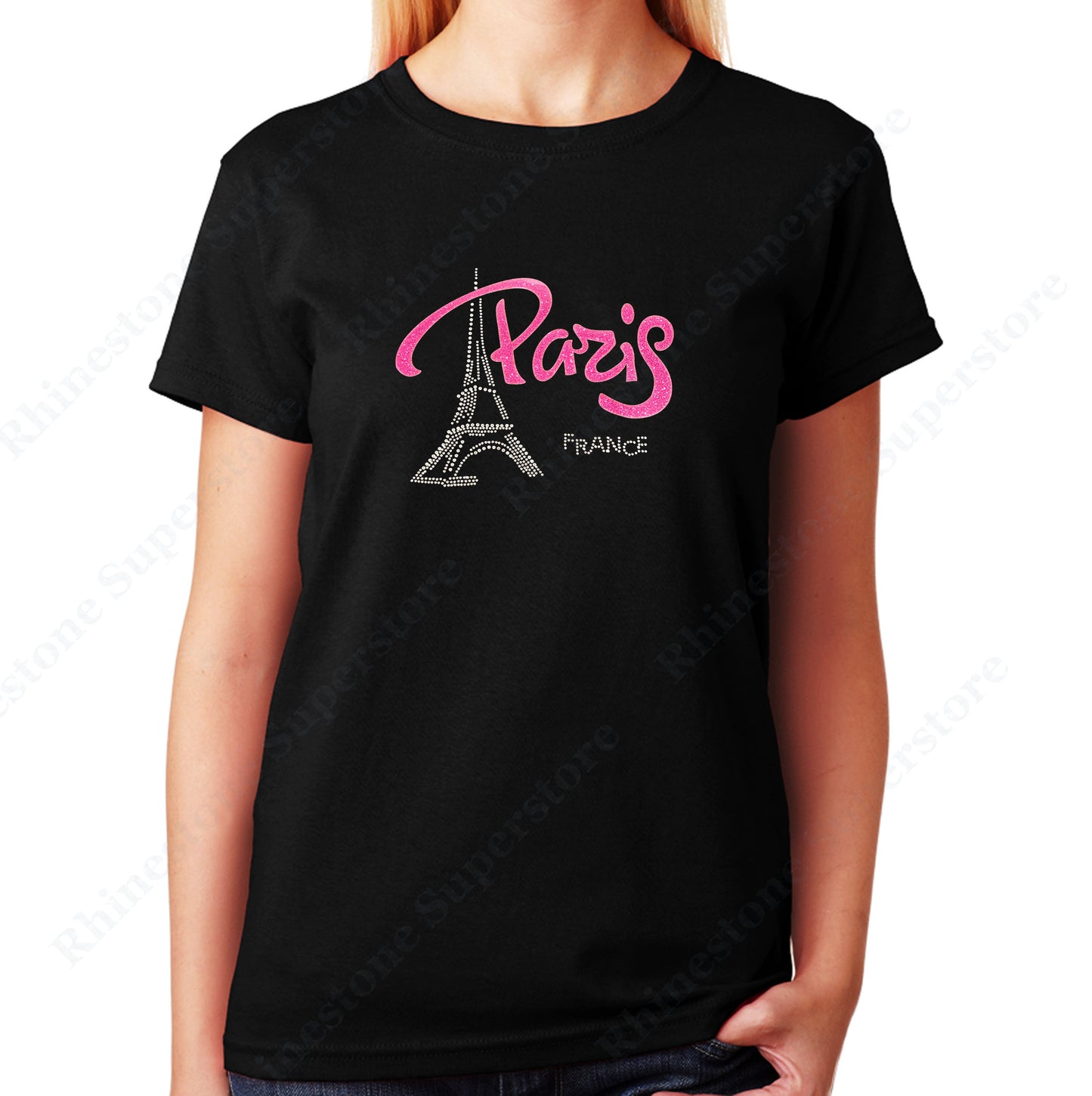 Women's / Unisex T-Shirt with Pink Paris Eiffel Tower in Rhinestones