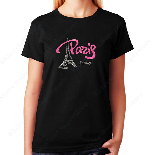 Women's / Unisex T-Shirt with Pink Paris Eiffel Tower in Rhinestones