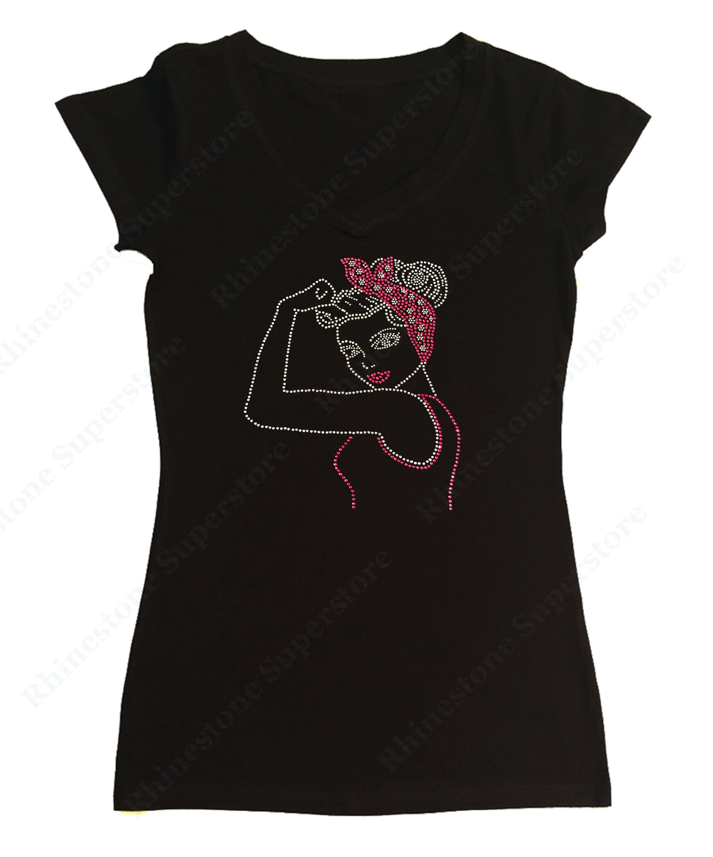 Womens T-shirt with Pink Pin Up Girl in Rhinestones