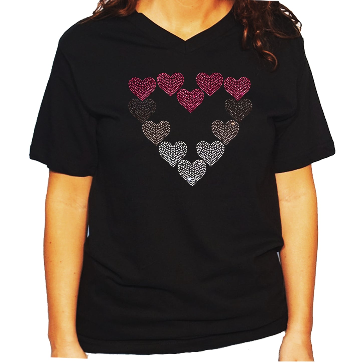 Women's / Unisex T-Shirt with Pink, Purple & Crystal Hearts in Rhinestones