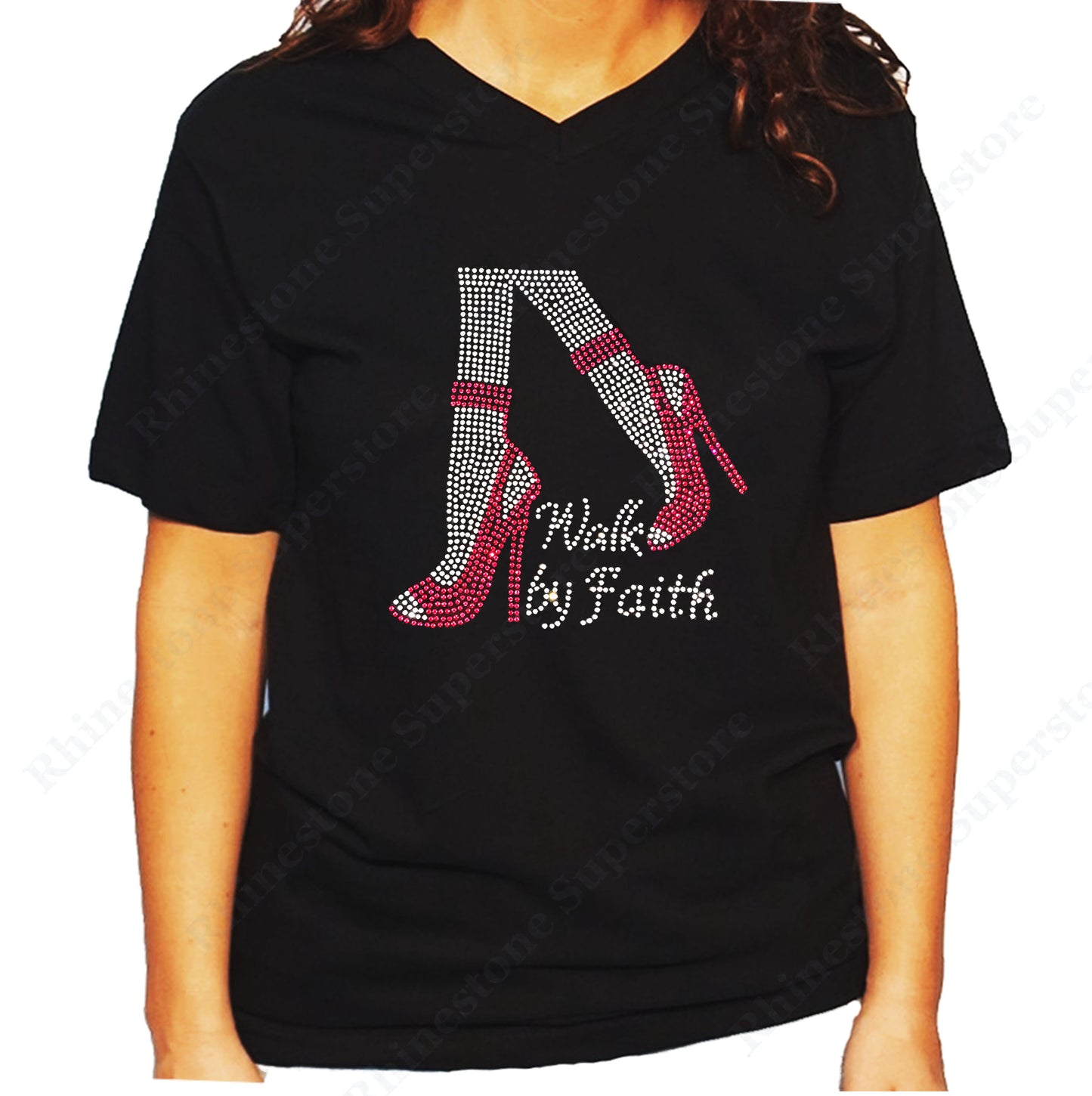 Women's / Unisex T-Shirt with Pink Walk by Faith in Rhinestones